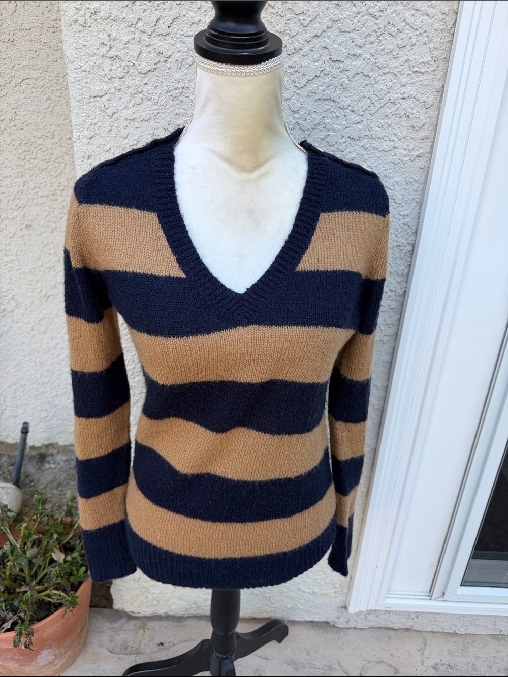 J. Crew Women's Blue Tan Striped Vintage Wool Blend V-neck Sweater Size S